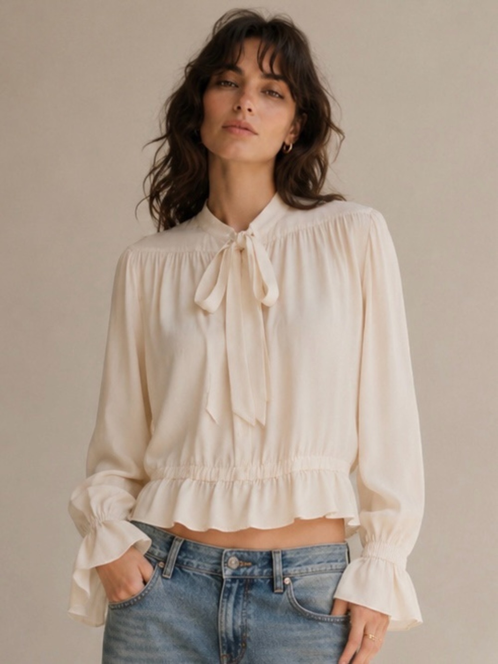 THE KOOPLES Cream Tie-Neck Ruffle Blouse NWT MSRP $315 Size French 2